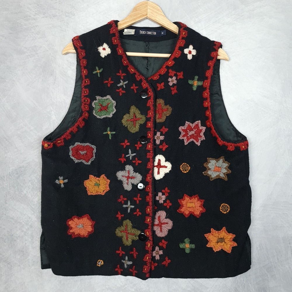 French Connection Sweater Vest Womens Medium Black Wool Embroidered Floral Boho
